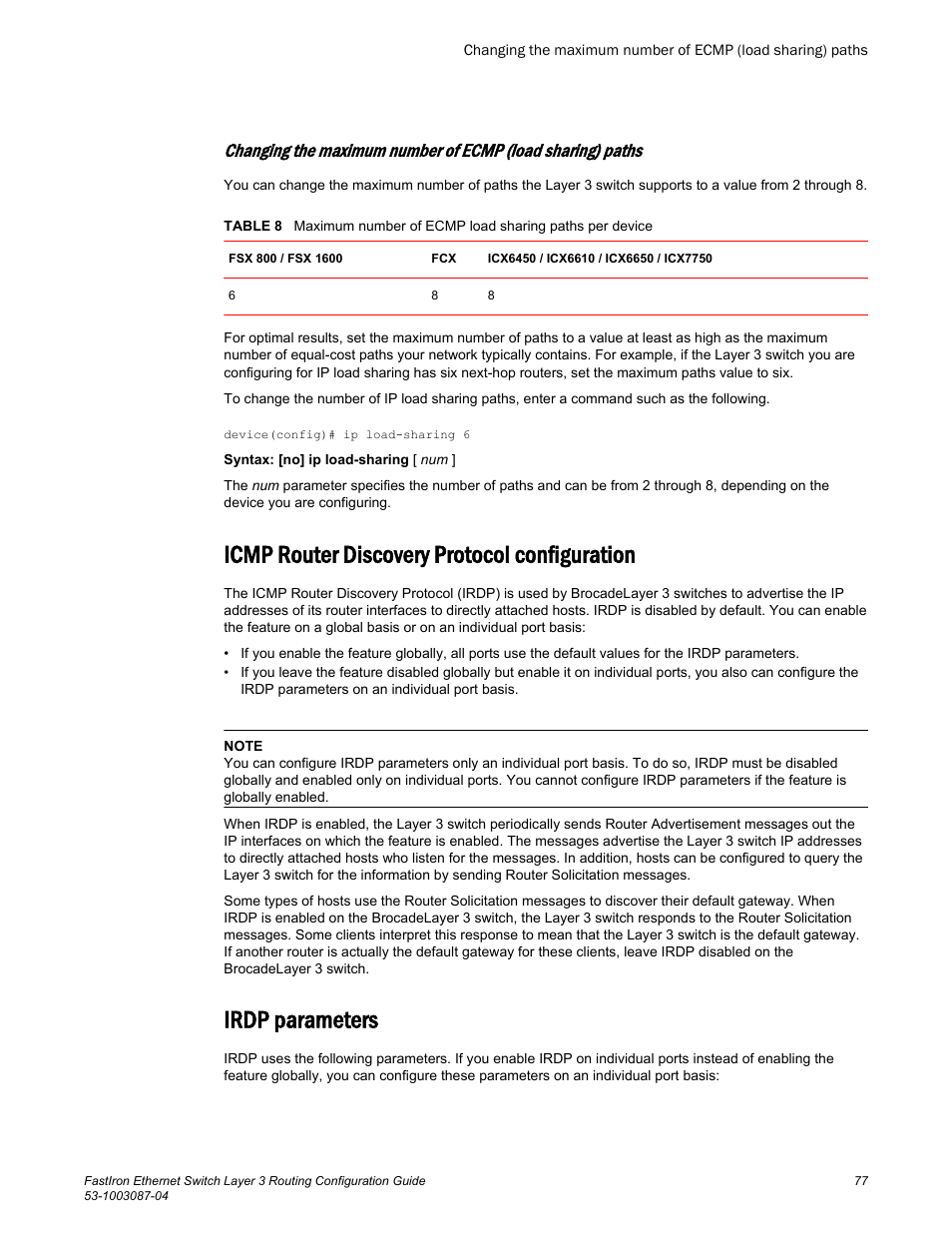 Icmp router discovery protocol configuration, Irdp parameters | Brocade FastIron Ethernet Switch Layer 3 Routing Configuration Guide User Manual | Page 77 / 672