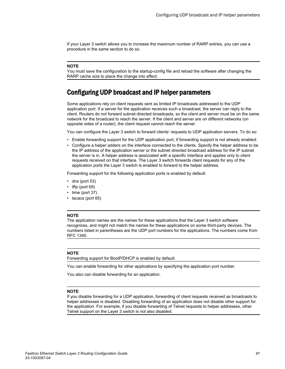 Configuring udp broadcast and ip helper parameters | Brocade FastIron Ethernet Switch Layer 3 Routing Configuration Guide User Manual | Page 81 / 672