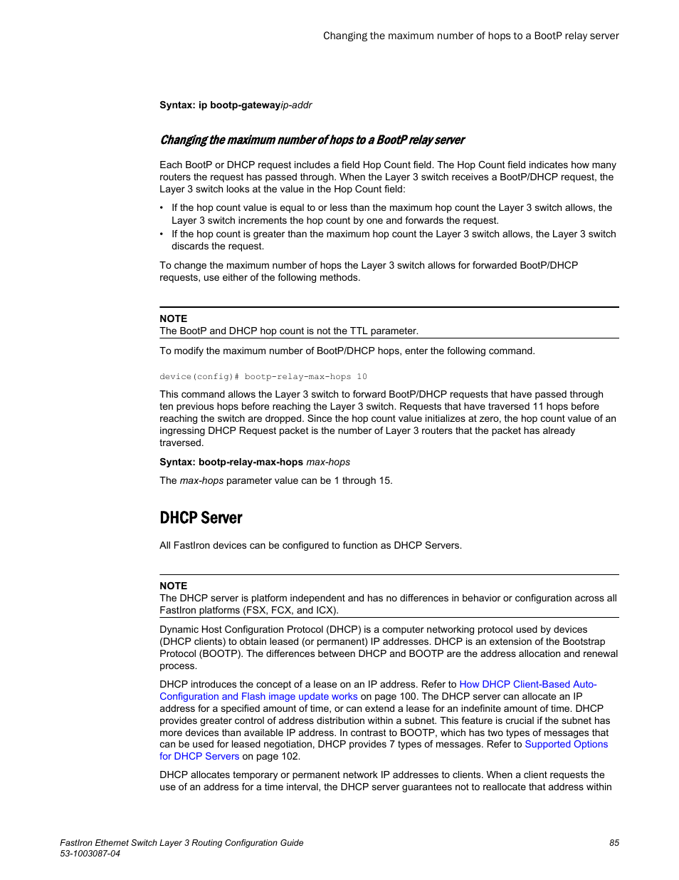 Dhcp server | Brocade FastIron Ethernet Switch Layer 3 Routing Configuration Guide User Manual | Page 85 / 672