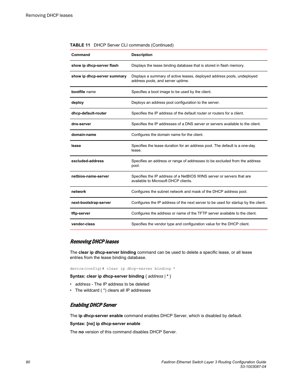 Removing dhcp leases, Enabling dhcp server | Brocade FastIron Ethernet Switch Layer 3 Routing Configuration Guide User Manual | Page 90 / 672