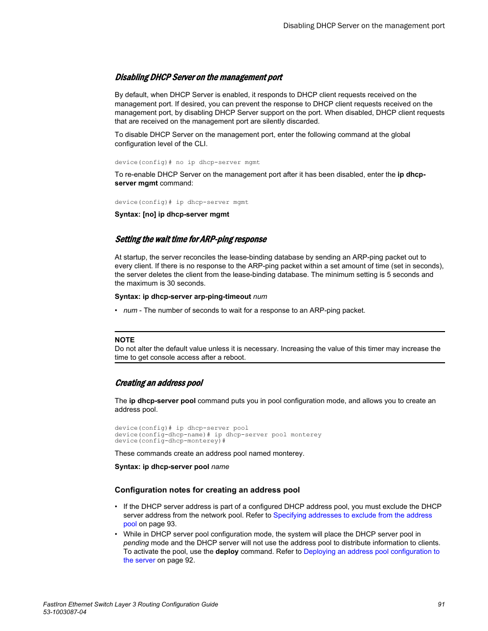 Disabling dhcp server on the management port, Setting the wait time for arp-ping response, Creating an address pool | Brocade FastIron Ethernet Switch Layer 3 Routing Configuration Guide User Manual | Page 91 / 672