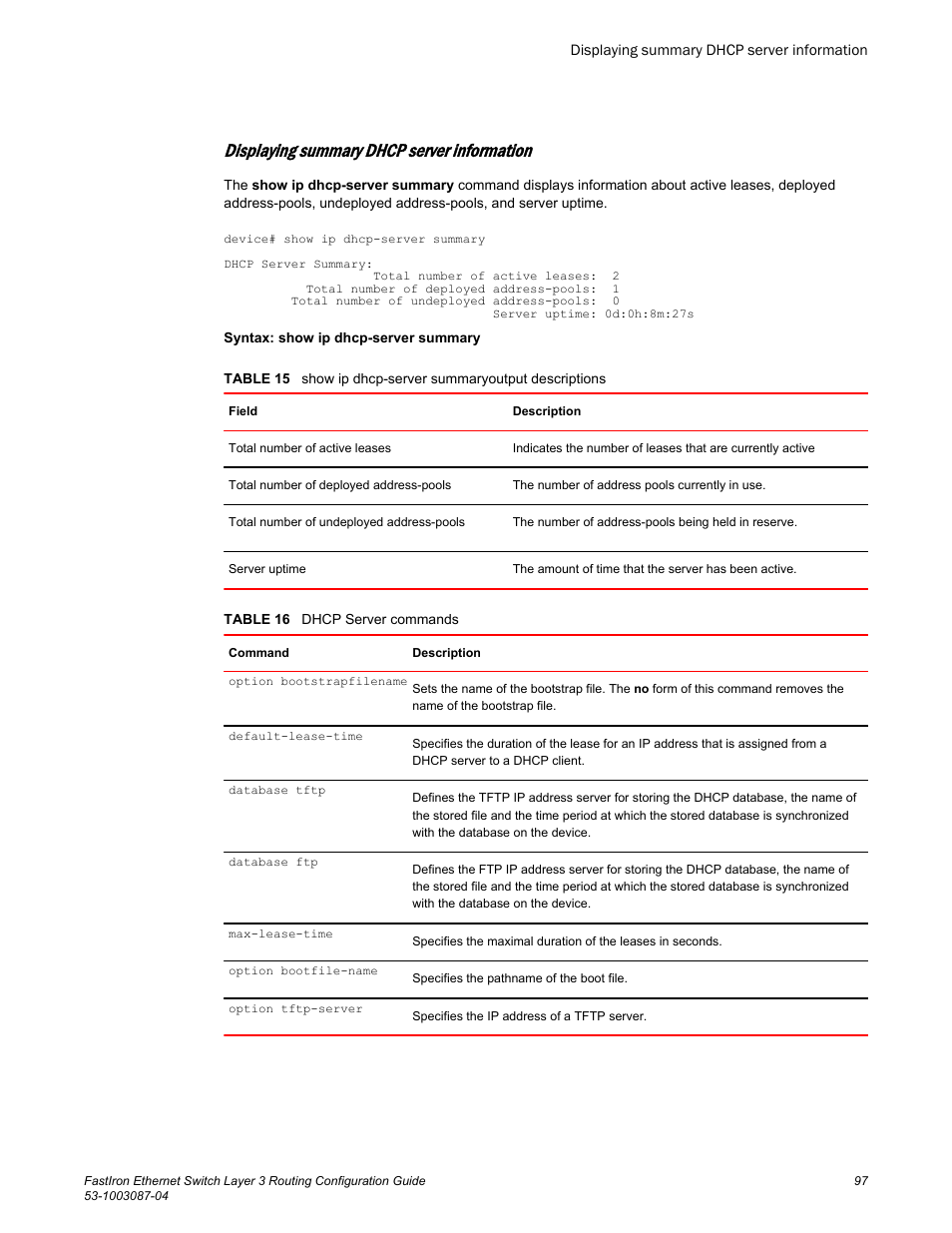 Displaying summary dhcp server information | Brocade FastIron Ethernet Switch Layer 3 Routing Configuration Guide User Manual | Page 97 / 672