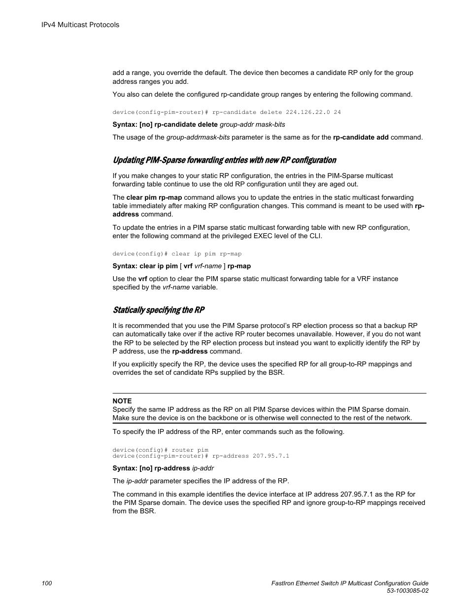 Statically specifying the rp | Brocade FastIron Ethernet Switch IP Multicast Configuration Guide User Manual | Page 102 / 230