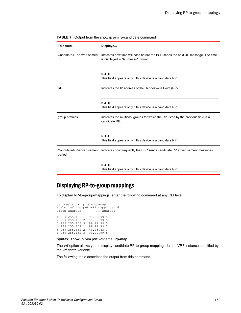 Displaying rp-to-group mappings | Brocade FastIron Ethernet Switch IP Multicast Configuration Guide User Manual | Page 113 / 230
