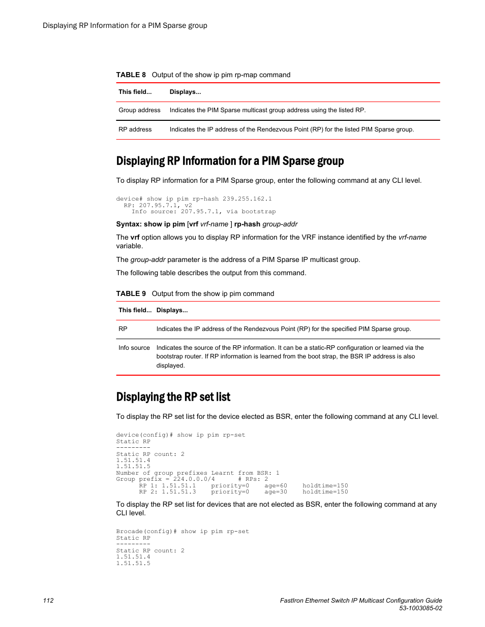 Displaying rp information for a pim sparse group, Displaying the rp set list | Brocade FastIron Ethernet Switch IP Multicast Configuration Guide User Manual | Page 114 / 230