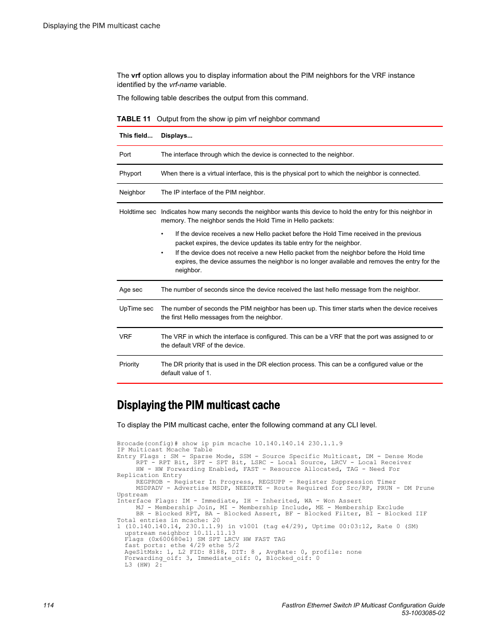 Displaying the pim multicast cache | Brocade FastIron Ethernet Switch IP Multicast Configuration Guide User Manual | Page 116 / 230