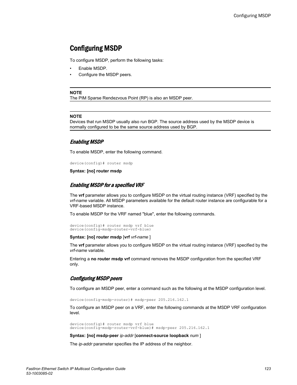 Configuring msdp, Enabling msdp, Enabling msdp for a specified vrf | Configuring msdp peers | Brocade FastIron Ethernet Switch IP Multicast Configuration Guide User Manual | Page 125 / 230