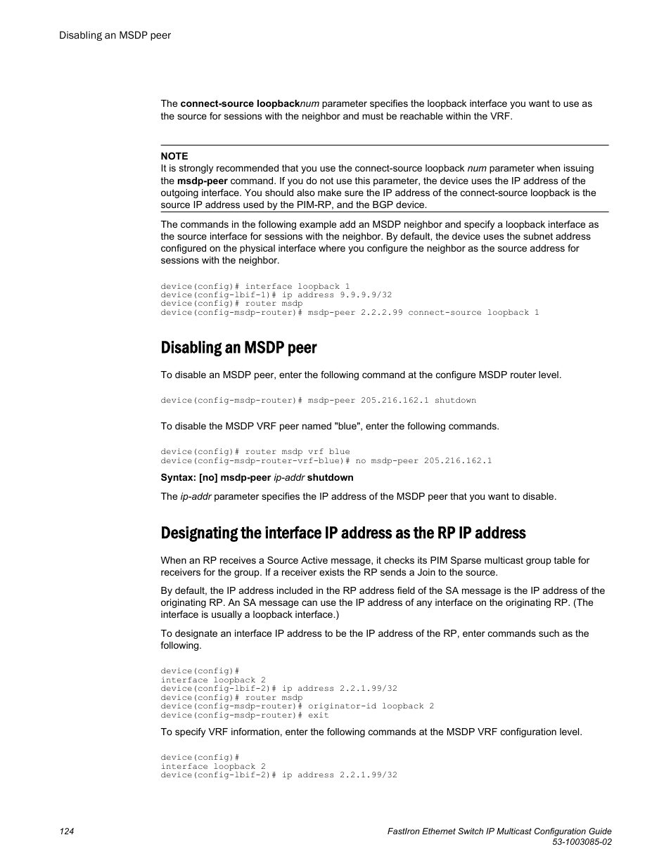 Disabling an msdp peer | Brocade FastIron Ethernet Switch IP Multicast Configuration Guide User Manual | Page 126 / 230