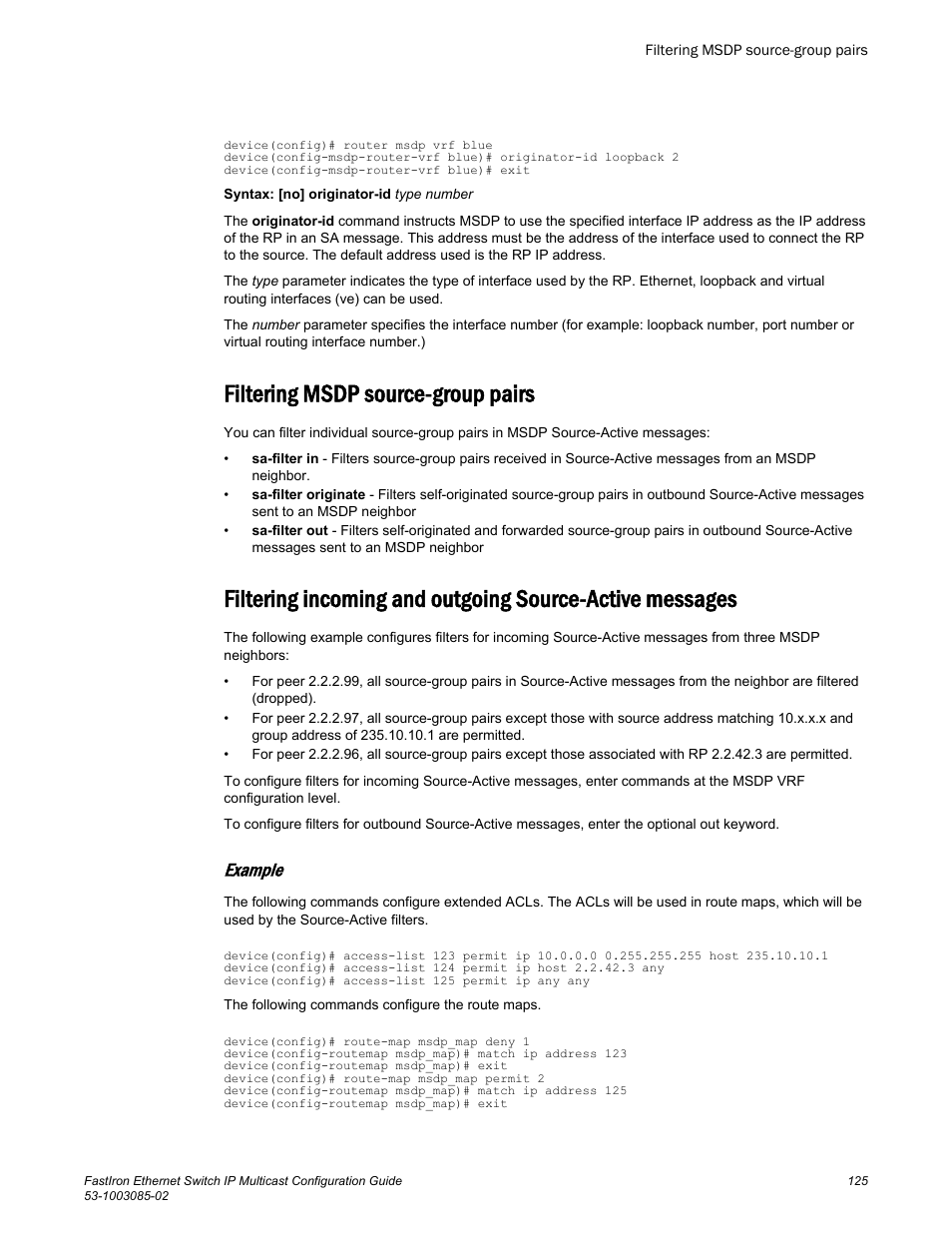 Filtering msdp source-group pairs, Example | Brocade FastIron Ethernet Switch IP Multicast Configuration Guide User Manual | Page 127 / 230