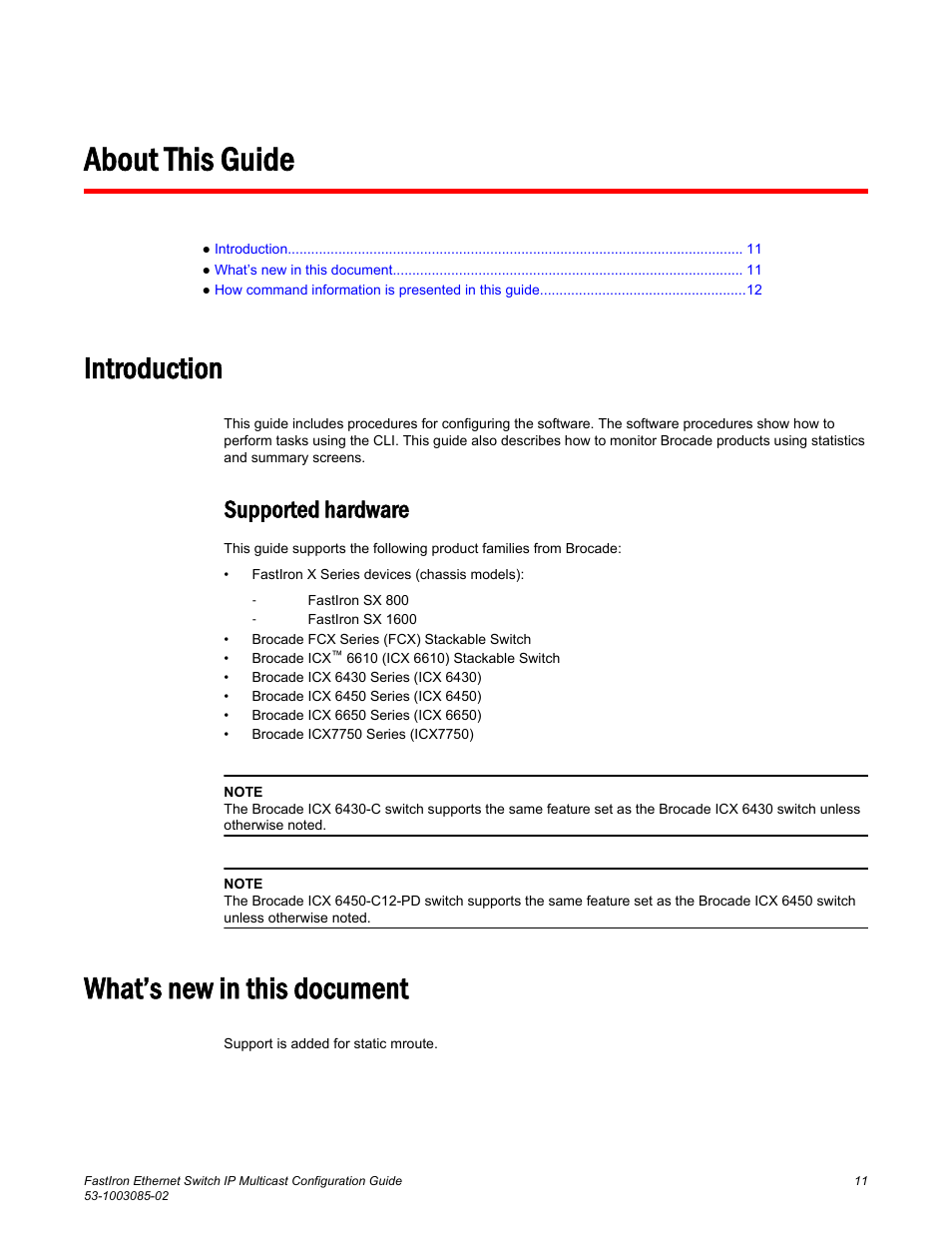 About this guide, Introduction, Supported hardware | What’s new in this document | Brocade FastIron Ethernet Switch IP Multicast Configuration Guide User Manual | Page 13 / 230