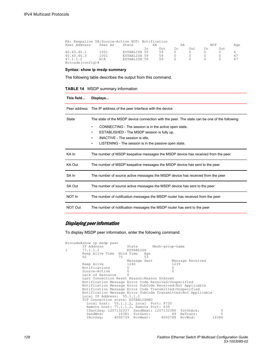 Displaying peer information | Brocade FastIron Ethernet Switch IP Multicast Configuration Guide User Manual | Page 130 / 230