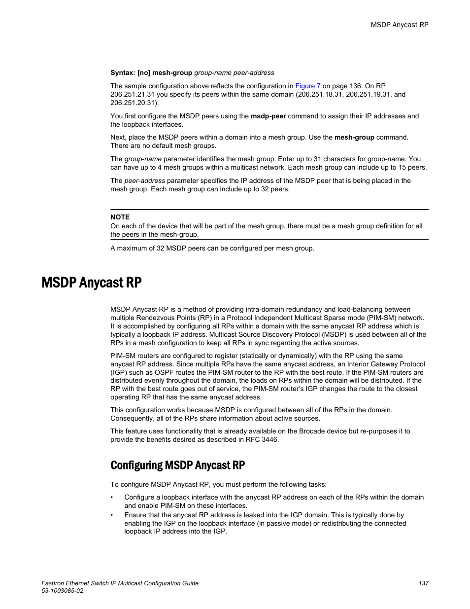Msdp anycast rp, Configuring msdp anycast rp | Brocade FastIron Ethernet Switch IP Multicast Configuration Guide User Manual | Page 139 / 230