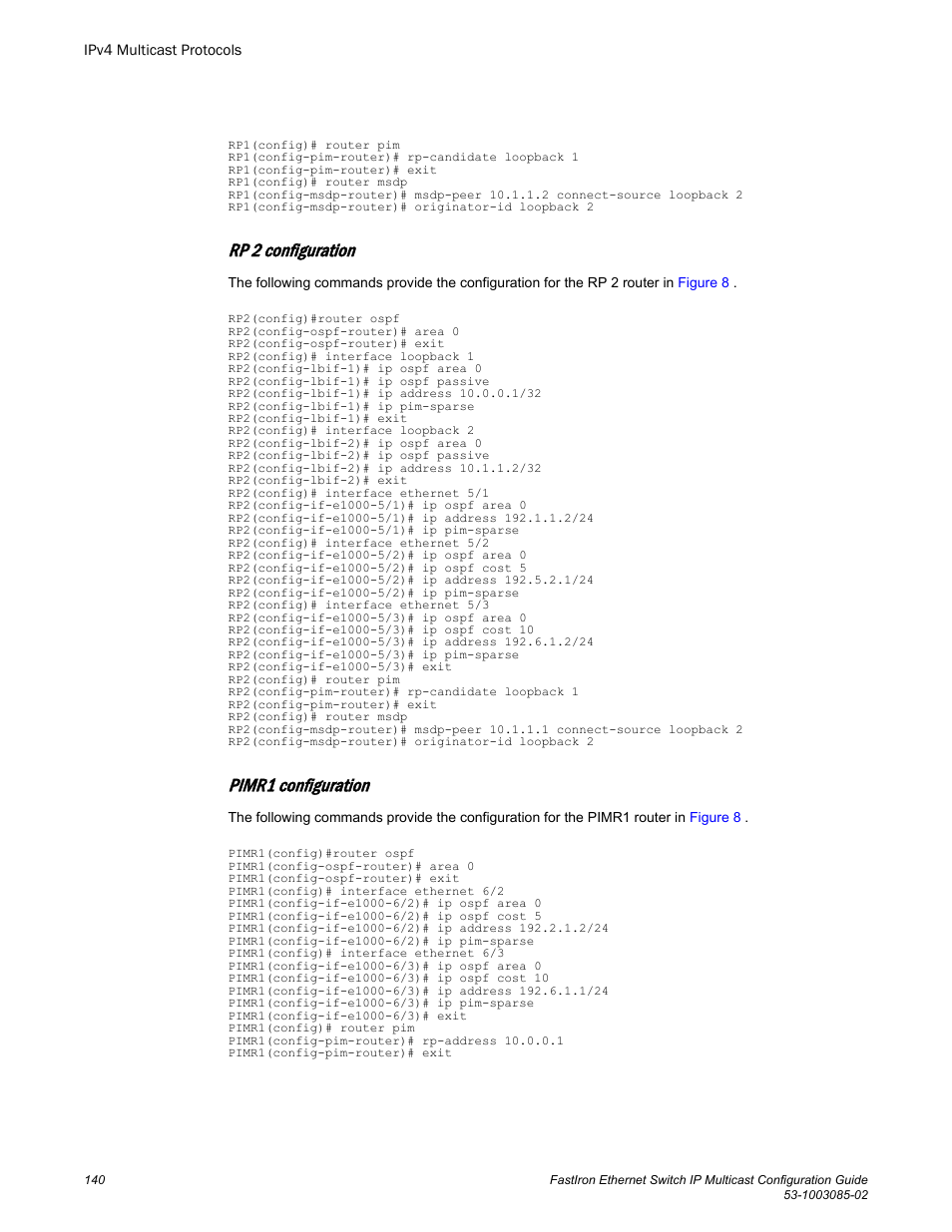 Rp 2 configuration, Pimr1 configuration | Brocade FastIron Ethernet Switch IP Multicast Configuration Guide User Manual | Page 142 / 230