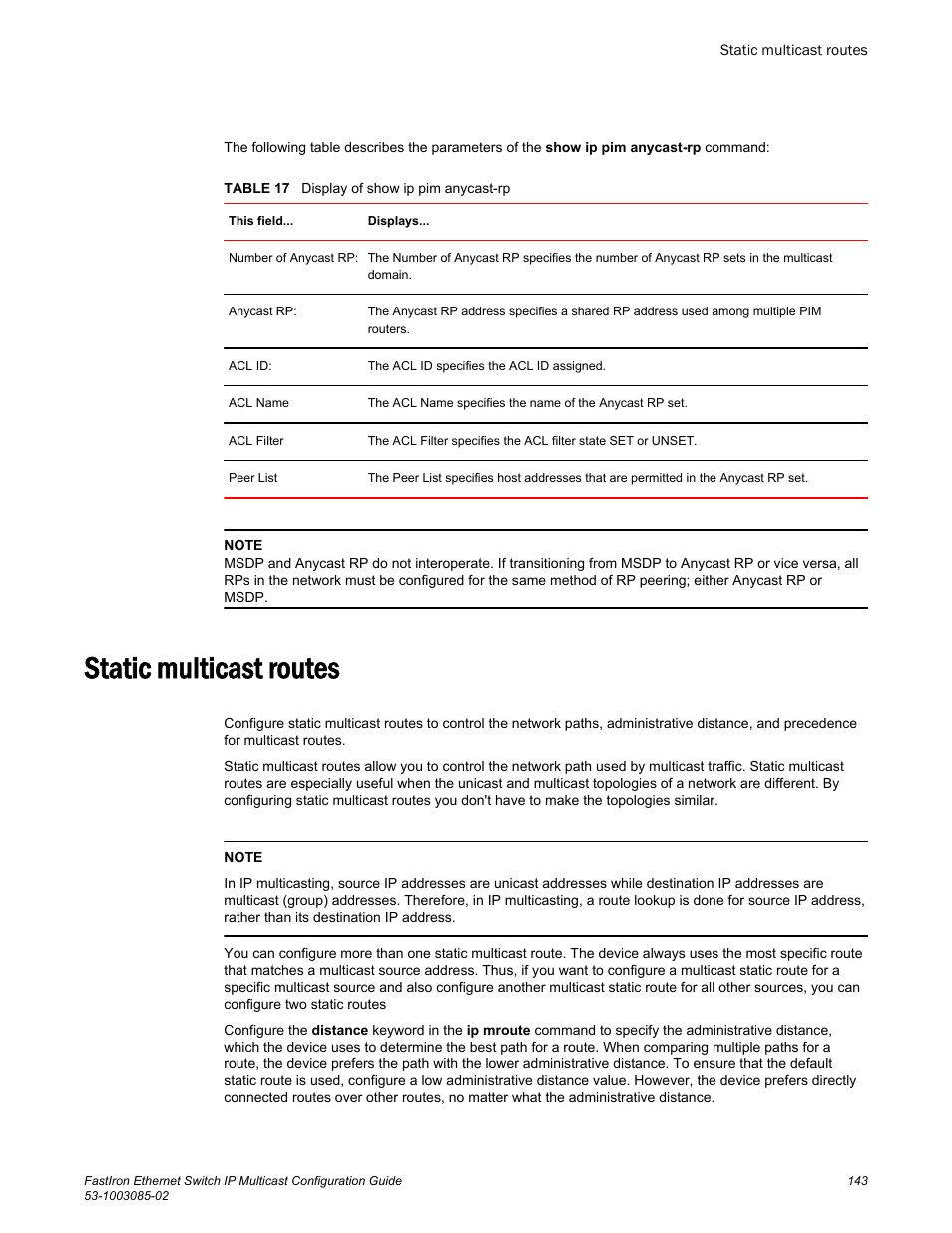 Static multicast routes | Brocade FastIron Ethernet Switch IP Multicast Configuration Guide User Manual | Page 145 / 230