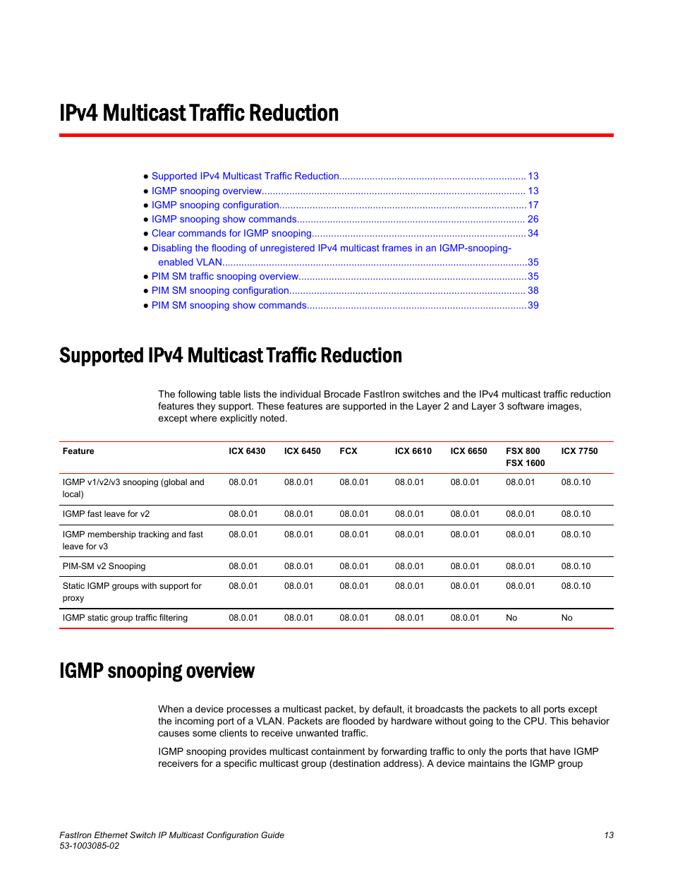 Ipv4 multicast traffic reduction, Supported ipv4 multicast traffic reduction, Igmp snooping overview | Brocade FastIron Ethernet Switch IP Multicast Configuration Guide User Manual | Page 15 / 230