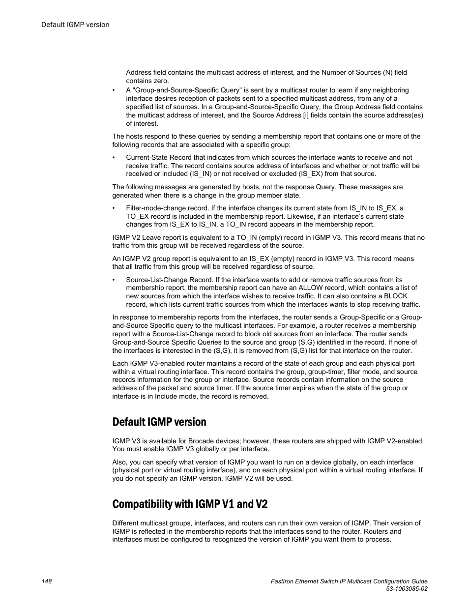 Default igmp version, Compatibility with igmp v1 and v2 | Brocade FastIron Ethernet Switch IP Multicast Configuration Guide User Manual | Page 150 / 230