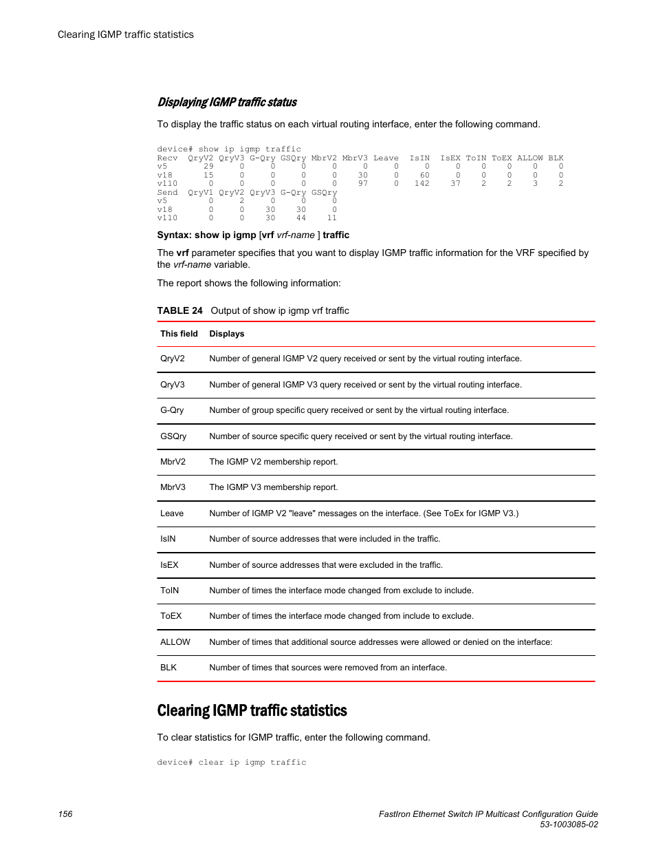 Clearing igmp traffic statistics, Displaying igmp traffic status | Brocade FastIron Ethernet Switch IP Multicast Configuration Guide User Manual | Page 158 / 230