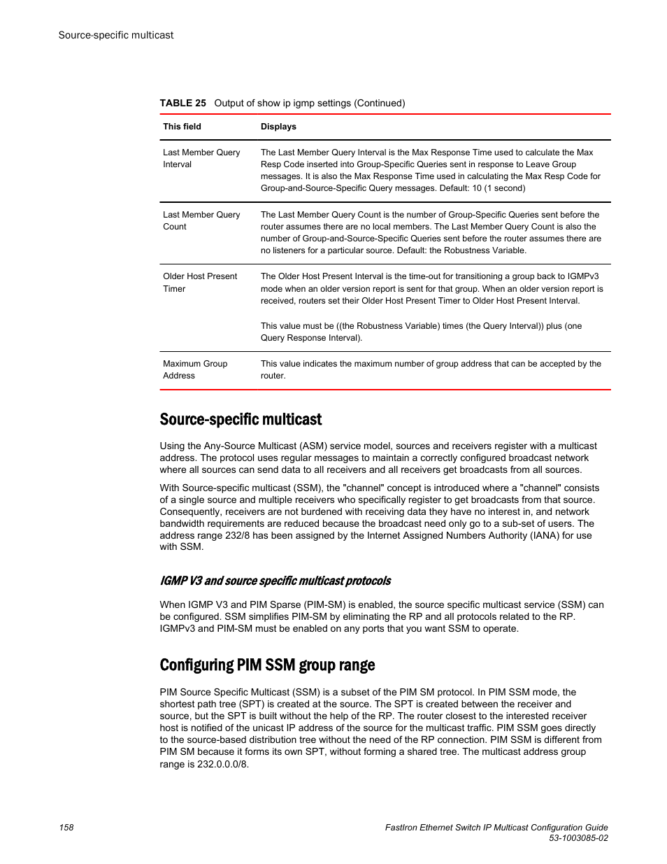 Source-specific multicast, Igmp v3 and source specific multicast protocols, Configuring pim ssm group range | Brocade FastIron Ethernet Switch IP Multicast Configuration Guide User Manual | Page 160 / 230