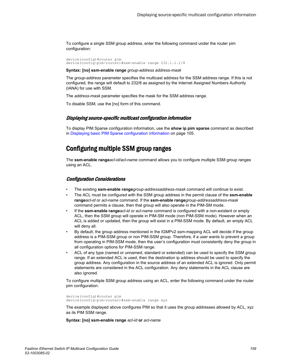 Configuring multiple ssm group ranges, Configuration considerations | Brocade FastIron Ethernet Switch IP Multicast Configuration Guide User Manual | Page 161 / 230