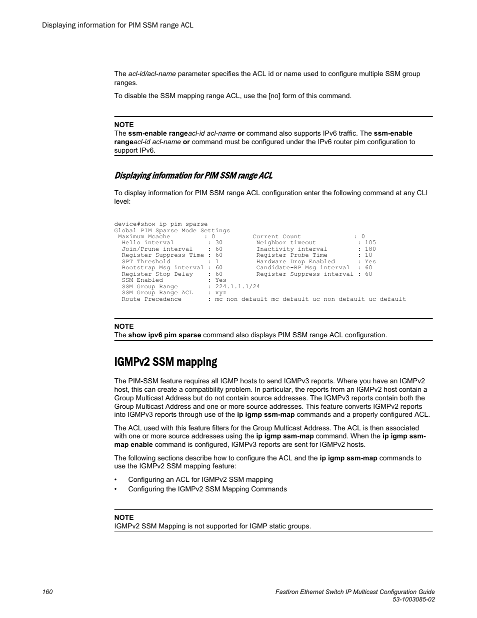 Displaying information for pim ssm range acl, Igmpv2 ssm mapping | Brocade FastIron Ethernet Switch IP Multicast Configuration Guide User Manual | Page 162 / 230