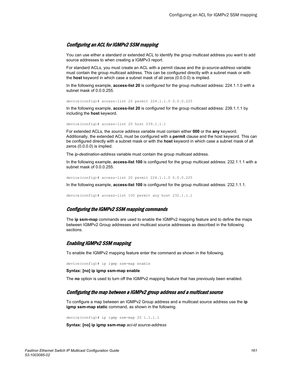 Configuring an acl for igmpv2 ssm mapping, Configuring the igmpv2 ssm mapping commands, Enabling igmpv2 ssm mapping | Brocade FastIron Ethernet Switch IP Multicast Configuration Guide User Manual | Page 163 / 230