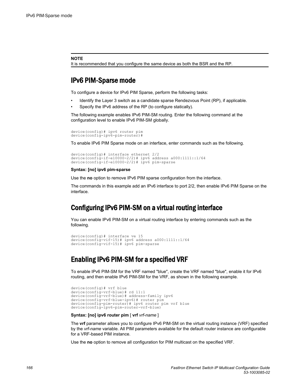 Ipv6 pim-sparse mode, Enabling ipv6 pim-sm for a specified vrf | Brocade FastIron Ethernet Switch IP Multicast Configuration Guide User Manual | Page 168 / 230