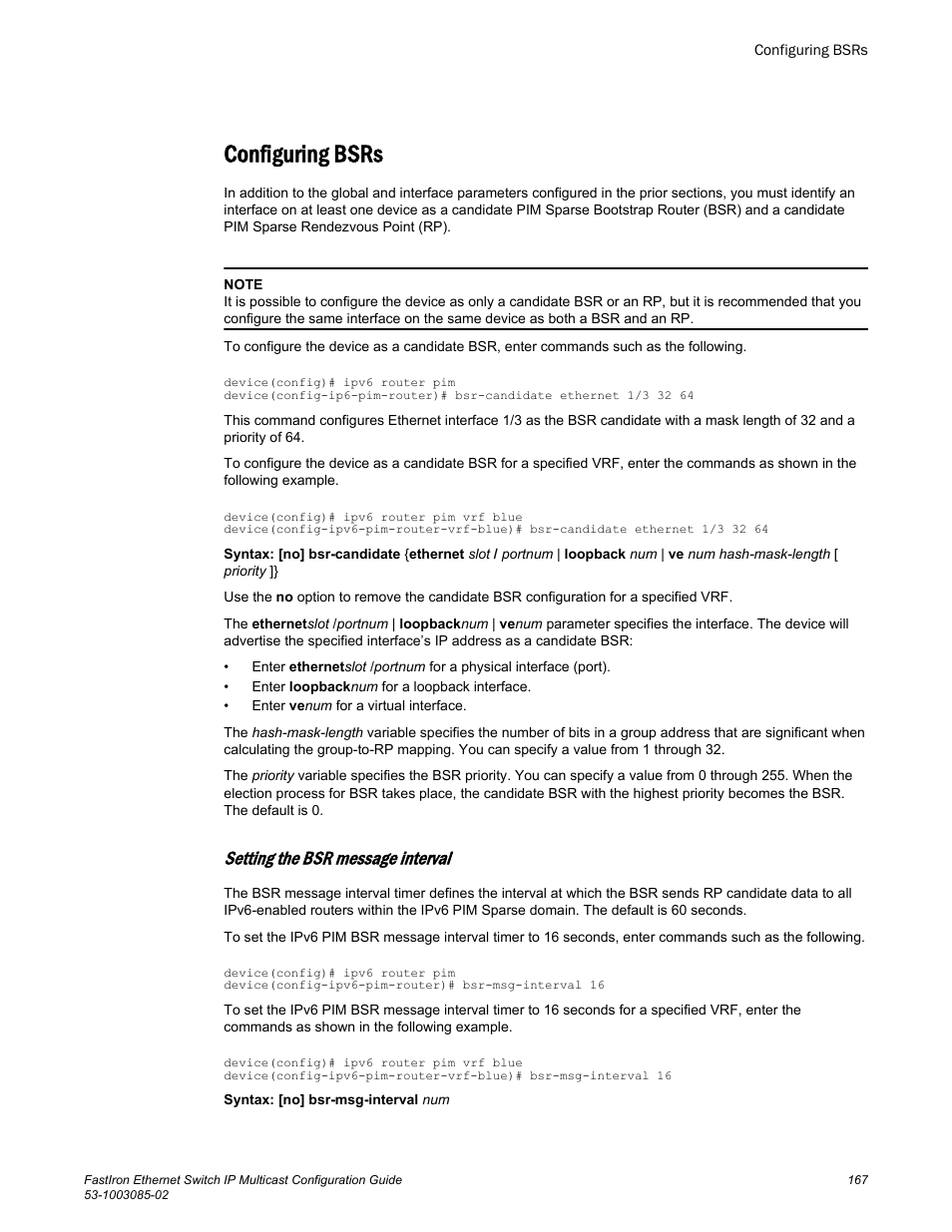 Configuring bsrs, Setting the bsr message interval | Brocade FastIron Ethernet Switch IP Multicast Configuration Guide User Manual | Page 169 / 230