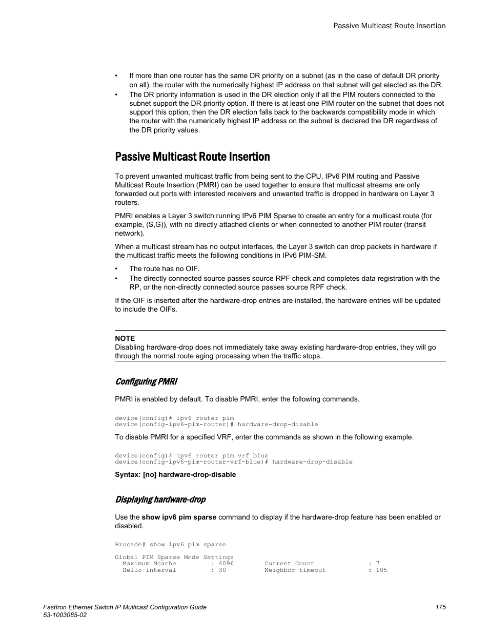 Passive multicast route insertion, Configuring pmri, Displaying hardware-drop | Brocade FastIron Ethernet Switch IP Multicast Configuration Guide User Manual | Page 177 / 230