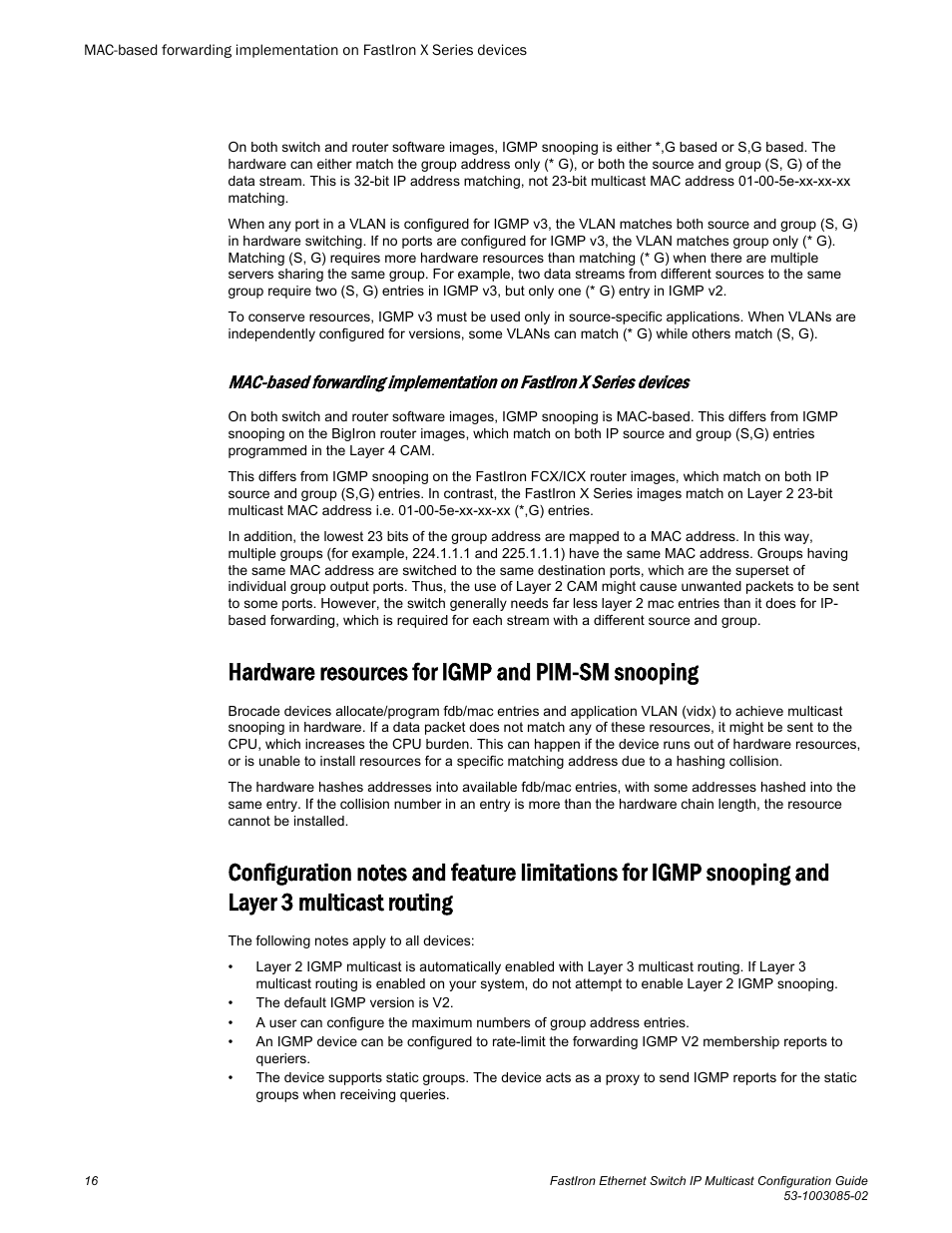 Hardware resources for igmp and pim-sm snooping, And layer 3 multicast routing | Brocade FastIron Ethernet Switch IP Multicast Configuration Guide User Manual | Page 18 / 230