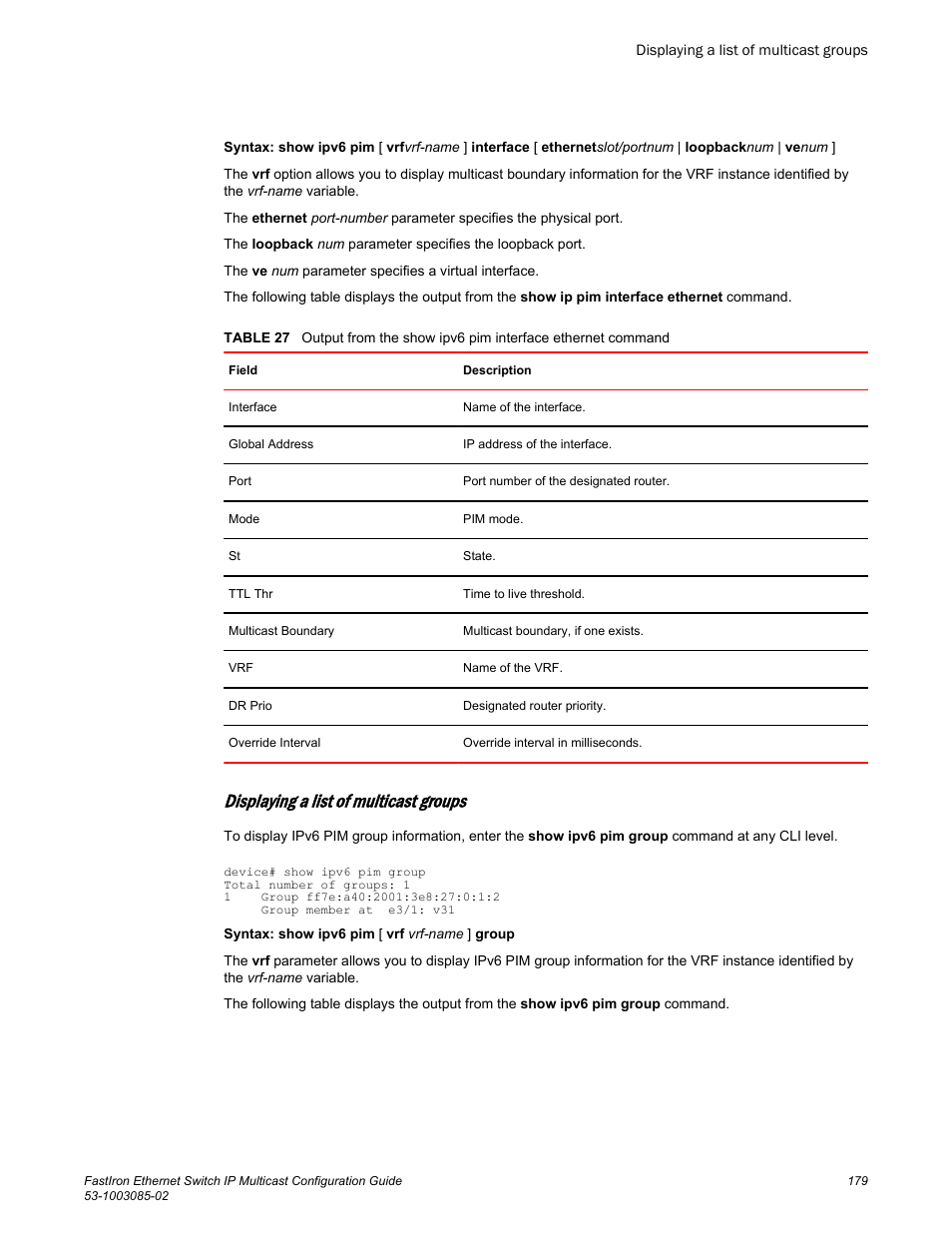 Displaying a list of multicast groups | Brocade FastIron Ethernet Switch IP Multicast Configuration Guide User Manual | Page 181 / 230