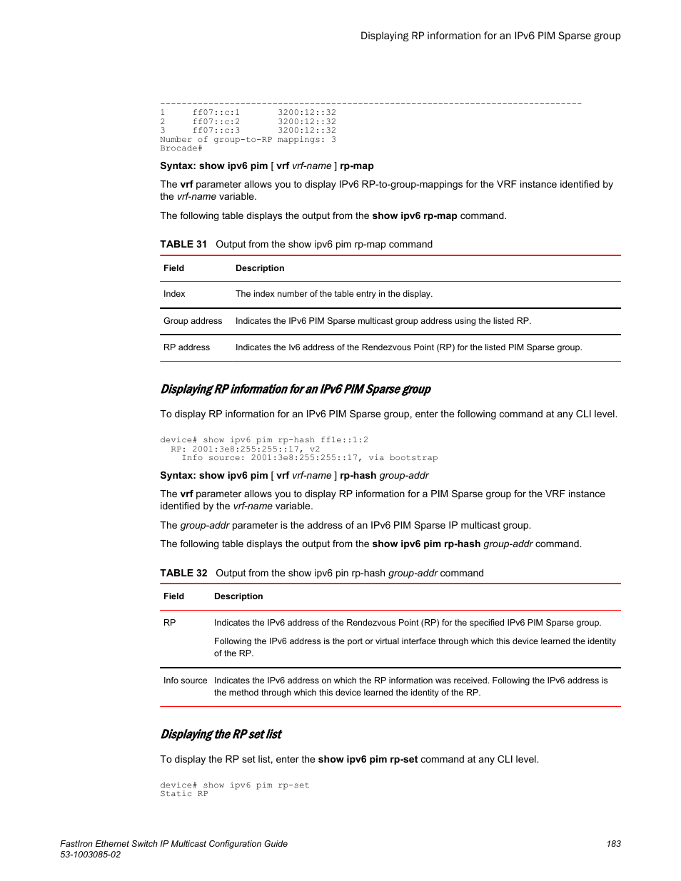 Displaying the rp set list | Brocade FastIron Ethernet Switch IP Multicast Configuration Guide User Manual | Page 185 / 230