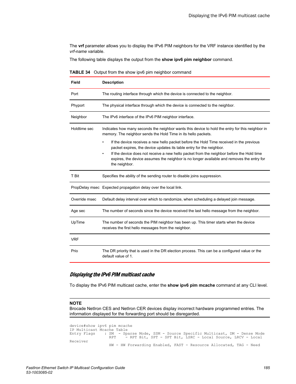 Displaying the ipv6 pim multicast cache | Brocade FastIron Ethernet Switch IP Multicast Configuration Guide User Manual | Page 187 / 230