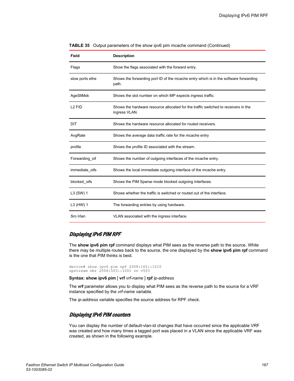 Displaying ipv6 pim rpf, Displaying ipv6 pim counters | Brocade FastIron Ethernet Switch IP Multicast Configuration Guide User Manual | Page 189 / 230