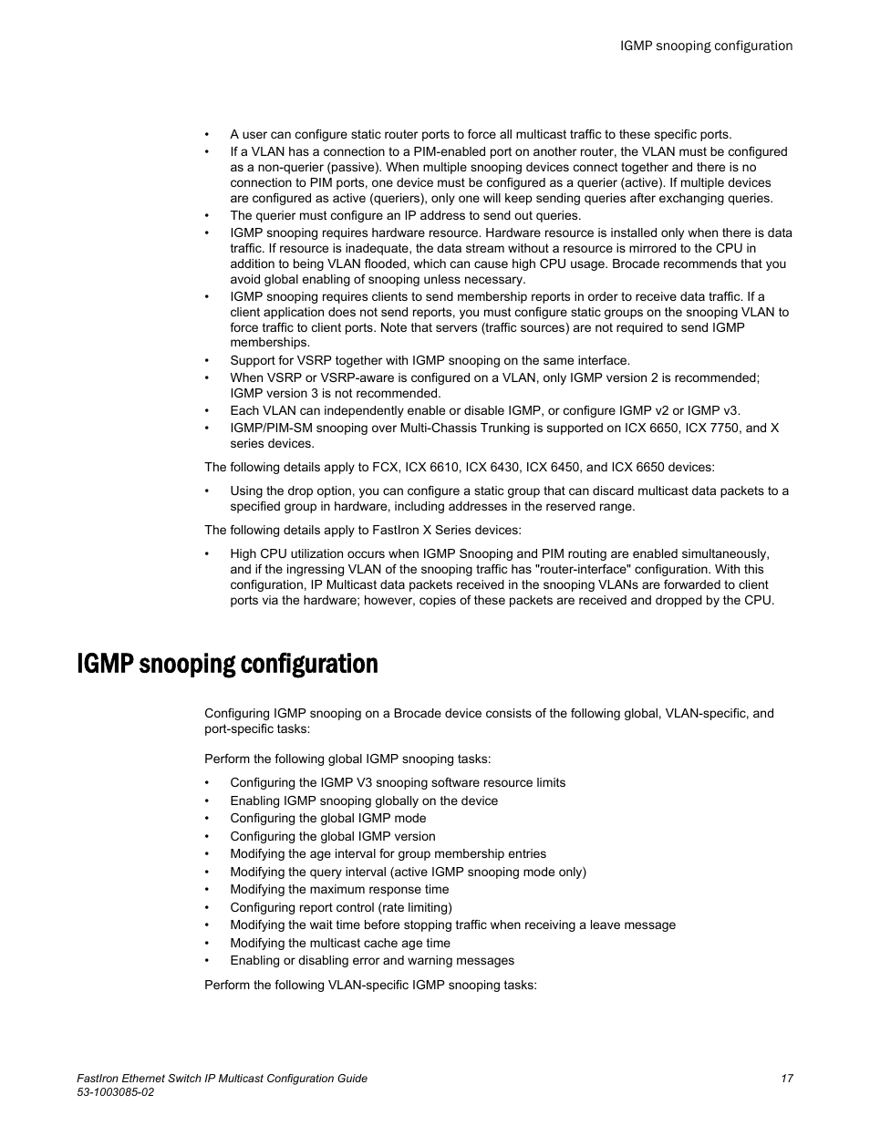 Igmp snooping configuration | Brocade FastIron Ethernet Switch IP Multicast Configuration Guide User Manual | Page 19 / 230