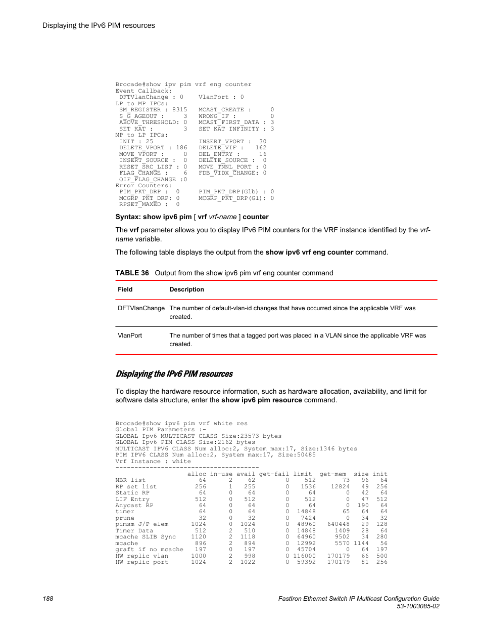 Displaying the ipv6 pim resources | Brocade FastIron Ethernet Switch IP Multicast Configuration Guide User Manual | Page 190 / 230