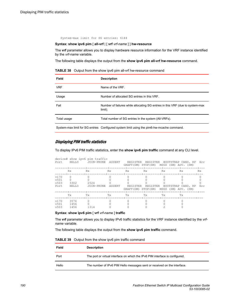 Displaying pim traffic statistics | Brocade FastIron Ethernet Switch IP Multicast Configuration Guide User Manual | Page 192 / 230