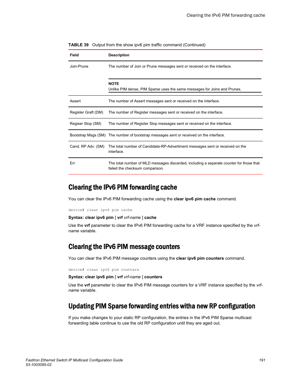 Clearing the ipv6 pim forwarding cache, Clearing the ipv6 pim message counters, Configuration | Brocade FastIron Ethernet Switch IP Multicast Configuration Guide User Manual | Page 193 / 230