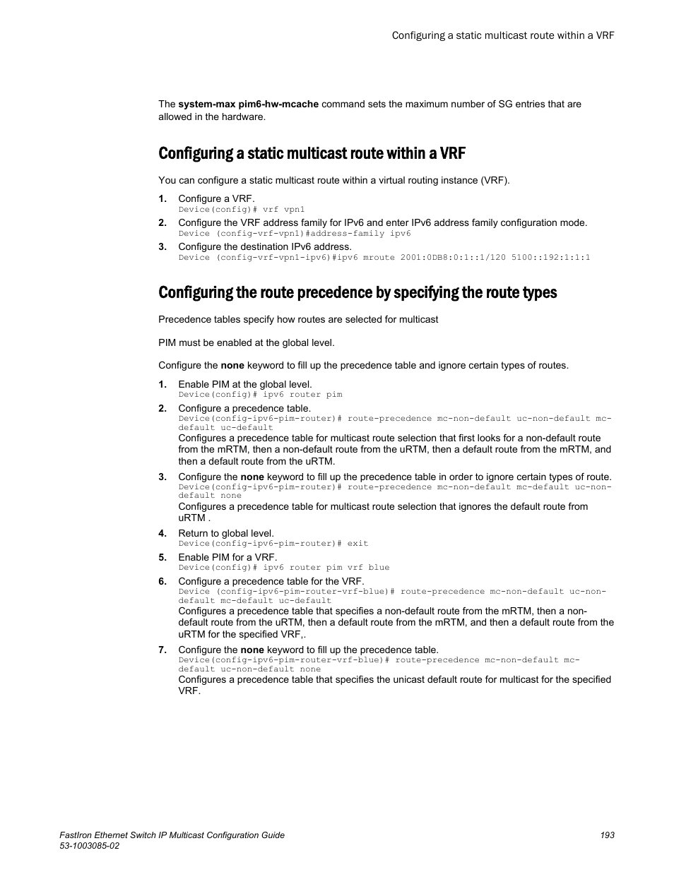 Configuring a static multicast route within a vrf | Brocade FastIron Ethernet Switch IP Multicast Configuration Guide User Manual | Page 195 / 230