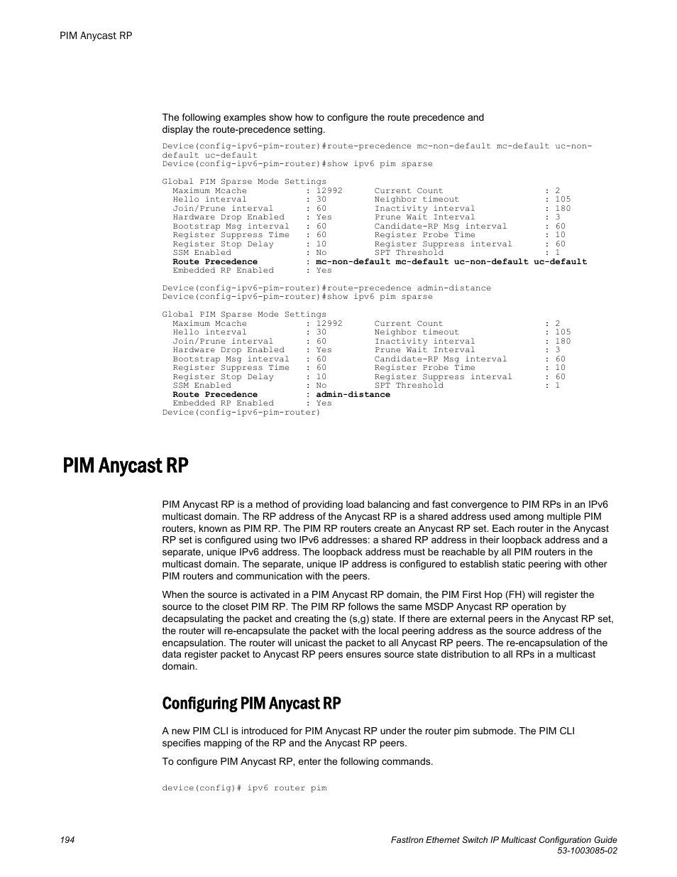 Pim anycast rp, Configuring pim anycast rp | Brocade FastIron Ethernet Switch IP Multicast Configuration Guide User Manual | Page 196 / 230