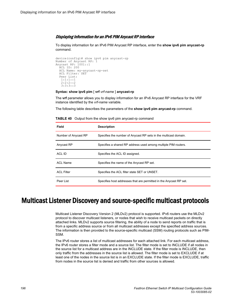 Brocade FastIron Ethernet Switch IP Multicast Configuration Guide User Manual | Page 198 / 230