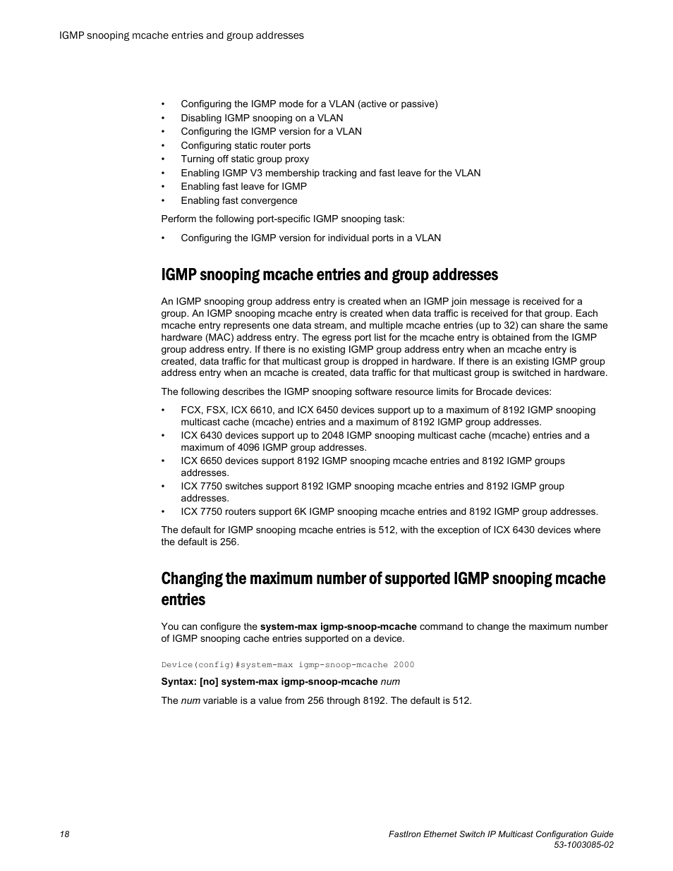 Igmp snooping mcache entries and group addresses, Mcache entries | Brocade FastIron Ethernet Switch IP Multicast Configuration Guide User Manual | Page 20 / 230