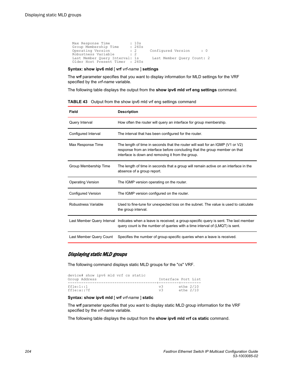 Displaying static mld groups | Brocade FastIron Ethernet Switch IP Multicast Configuration Guide User Manual | Page 206 / 230