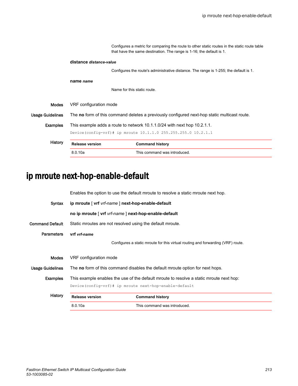 Ip mroute next-hop-enable-default | Brocade FastIron Ethernet Switch IP Multicast Configuration Guide User Manual | Page 215 / 230