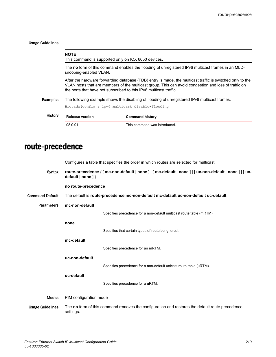 Route-precedence | Brocade FastIron Ethernet Switch IP Multicast Configuration Guide User Manual | Page 221 / 230