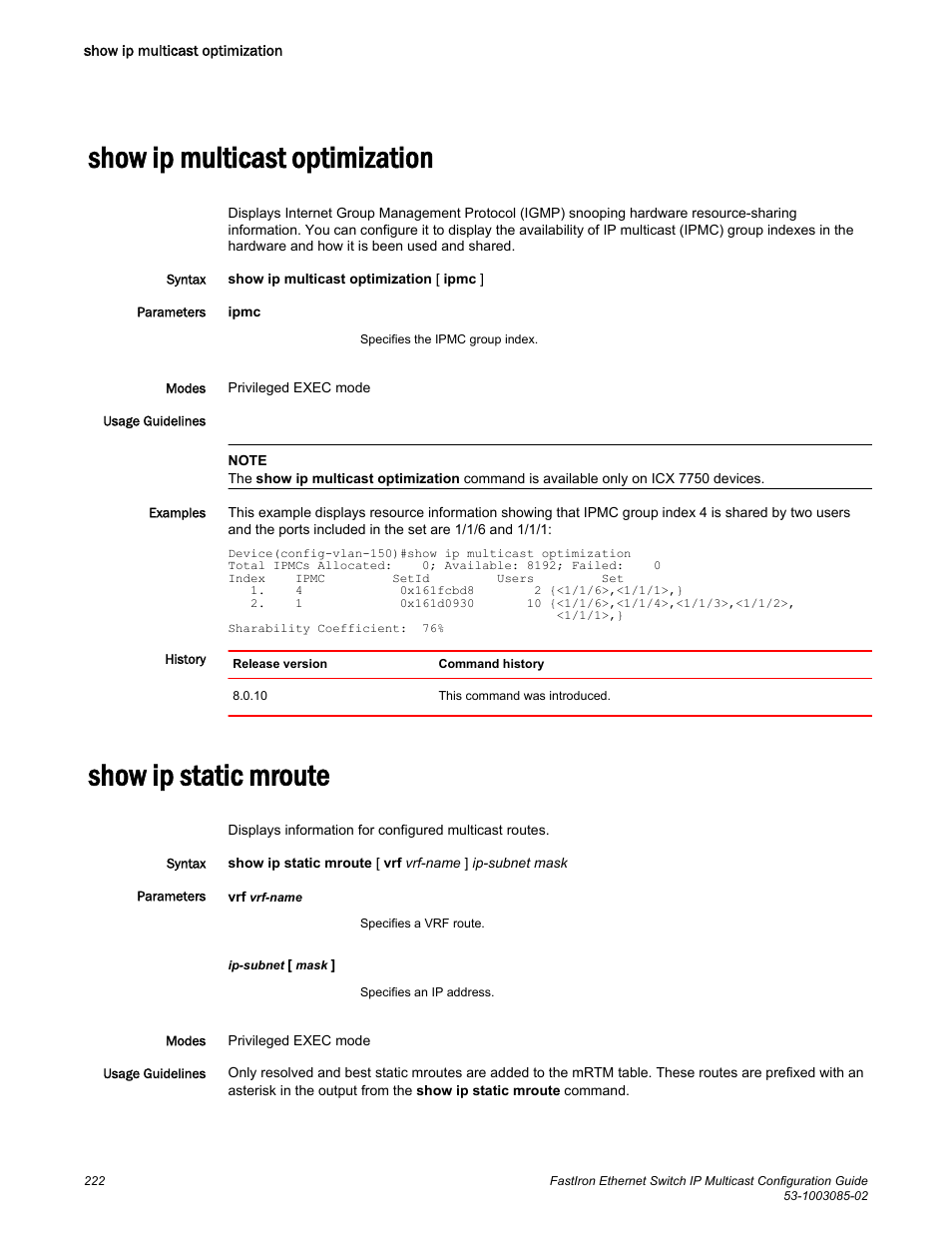 Show ip multicast optimization, Show ip static mroute | Brocade FastIron Ethernet Switch IP Multicast Configuration Guide User Manual | Page 224 / 230