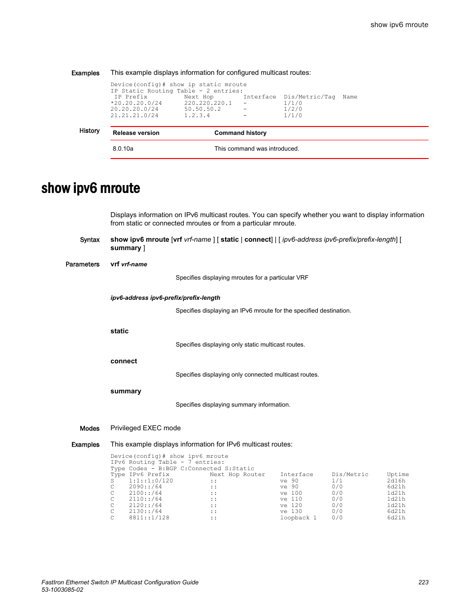 Show ipv6 mroute | Brocade FastIron Ethernet Switch IP Multicast Configuration Guide User Manual | Page 225 / 230