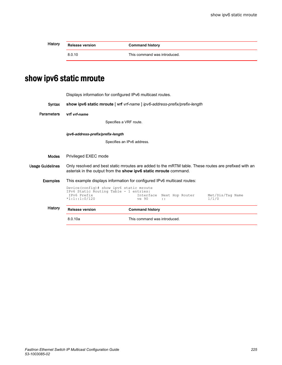 Show ipv6 static mroute | Brocade FastIron Ethernet Switch IP Multicast Configuration Guide User Manual | Page 227 / 230