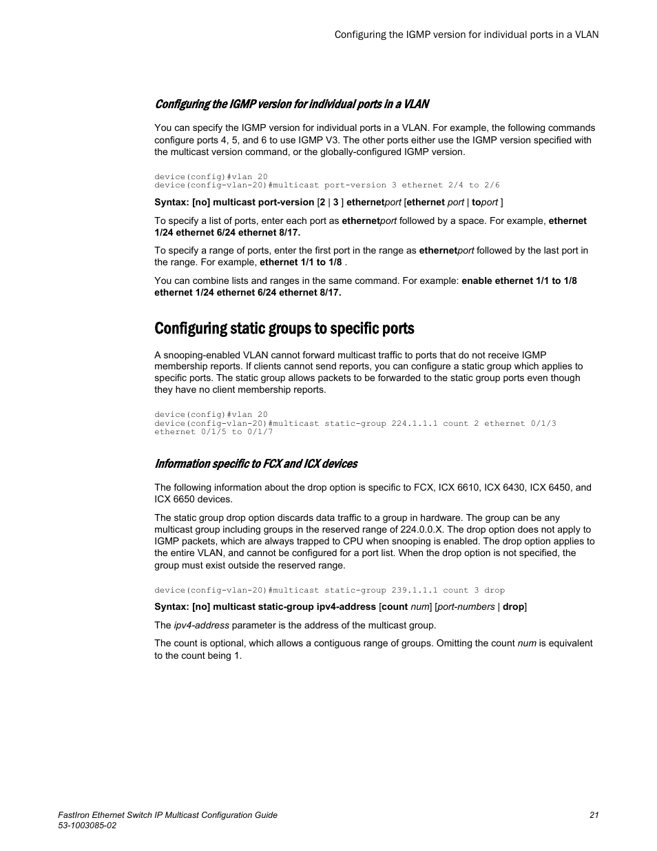Configuring static groups to specific ports, Information specific to fcx and icx devices | Brocade FastIron Ethernet Switch IP Multicast Configuration Guide User Manual | Page 23 / 230