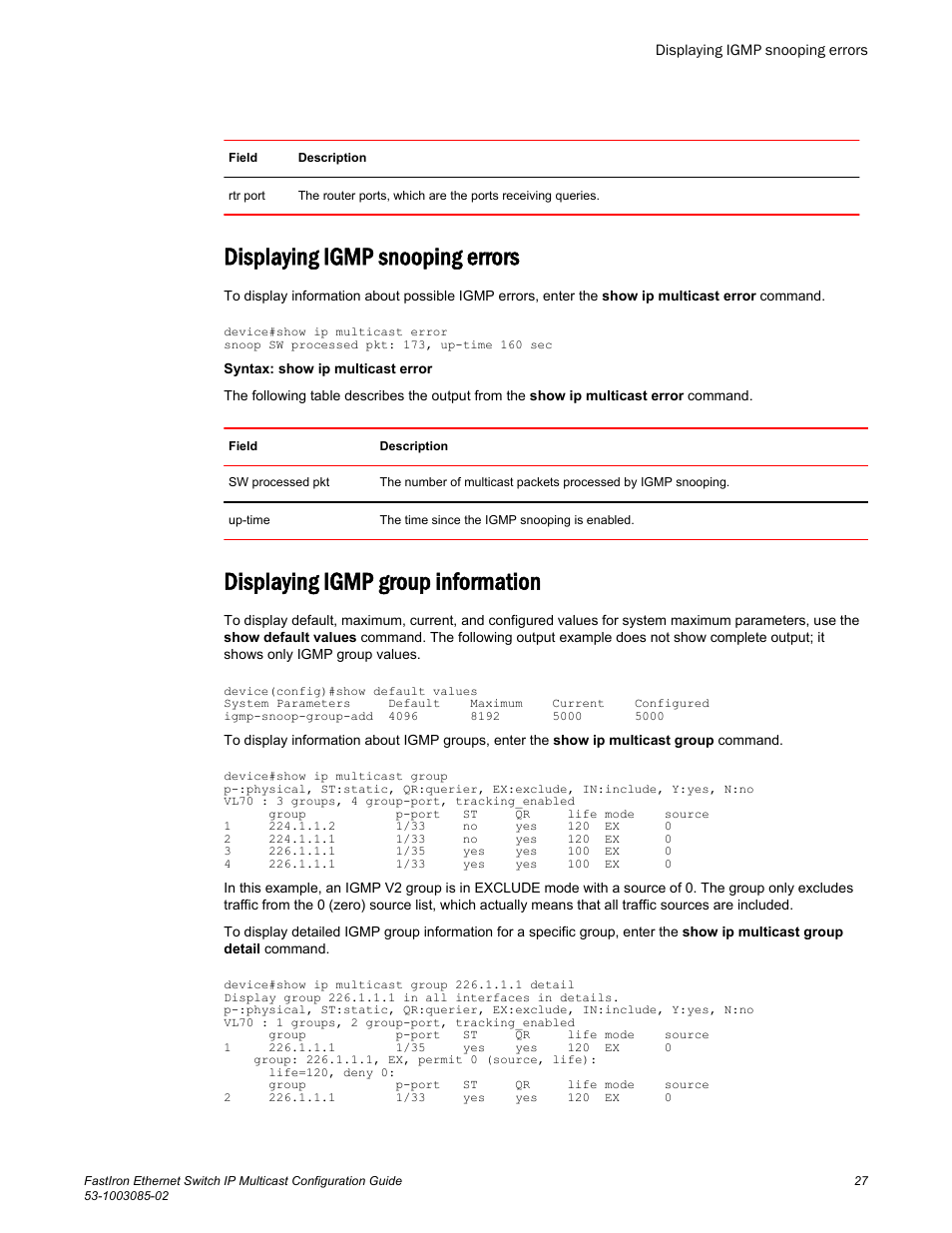 Displaying igmp snooping errors, Displaying igmp group information | Brocade FastIron Ethernet Switch IP Multicast Configuration Guide User Manual | Page 29 / 230