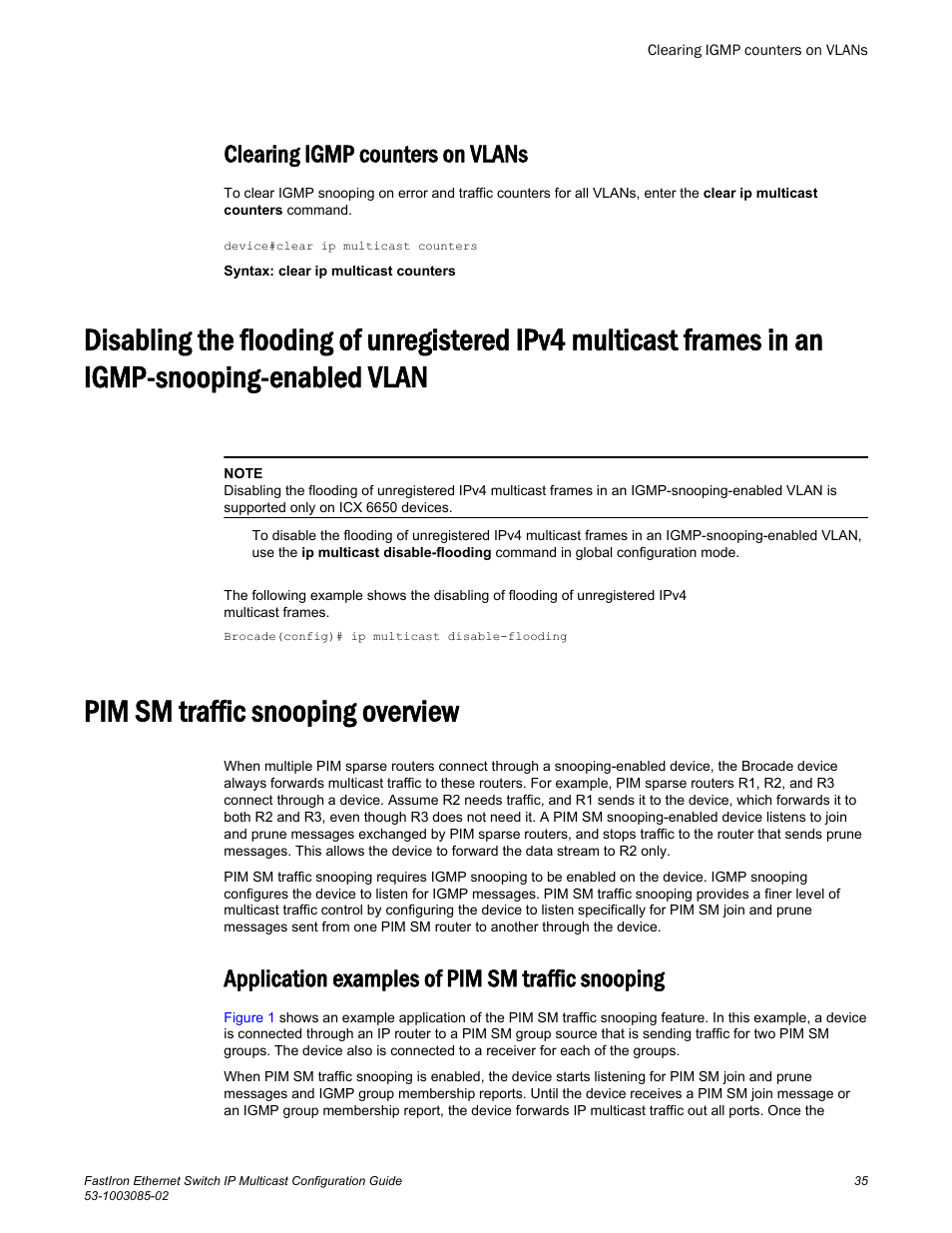 Clearing igmp counters on vlans, Pim sm traffic snooping overview, Application examples of pim sm traffic snooping | Igmp-snooping-enabled vlan, Enabled vlan | Brocade FastIron Ethernet Switch IP Multicast Configuration Guide User Manual | Page 37 / 230